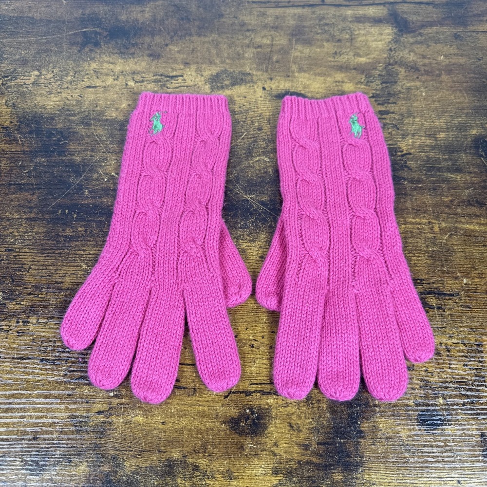 Lauren Ralph Lauren Gloves Pink Cable Knit Cotton Wool Green Logo One Size